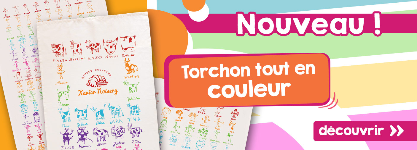 Nouveau ! Torchon avec impression toute en couleur des dessins de l'école