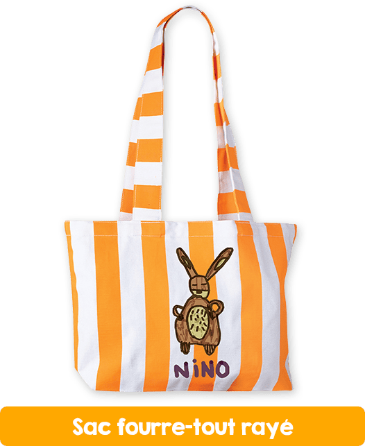 Sac fourre-tout rayé jaune et blanc avec dessins en couleur pour la récolte de fonds de l'école