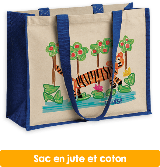 Sac en jute et coton avec dessins en couleur pour la récolte de fonds de l'école